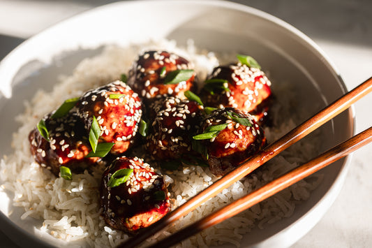 Ginger Sesame Chicken Meatballs with Broccoli and Rice
